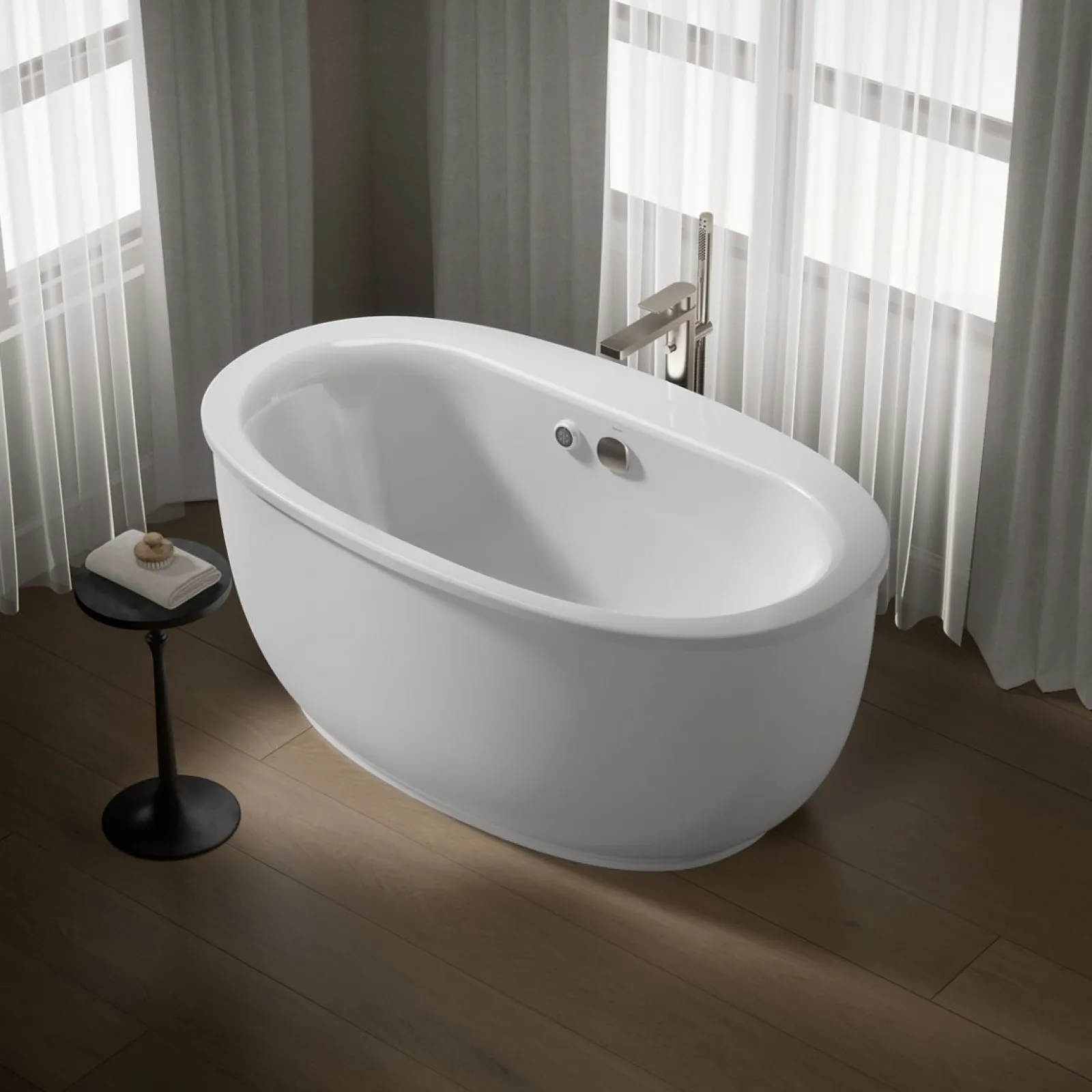 60" x 34" freestanding bath with Bask® heated surface and fluted shroud^Kohler Hot