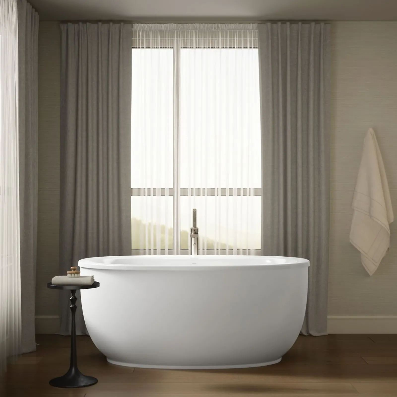 60" x 34" freestanding bath with Bask® heated surface and fluted shroud^Kohler Hot
