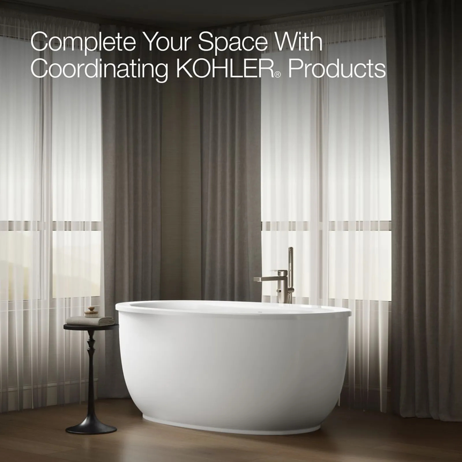 60" x 34" freestanding bath with Bask® heated surface and fluted shroud^Kohler Hot