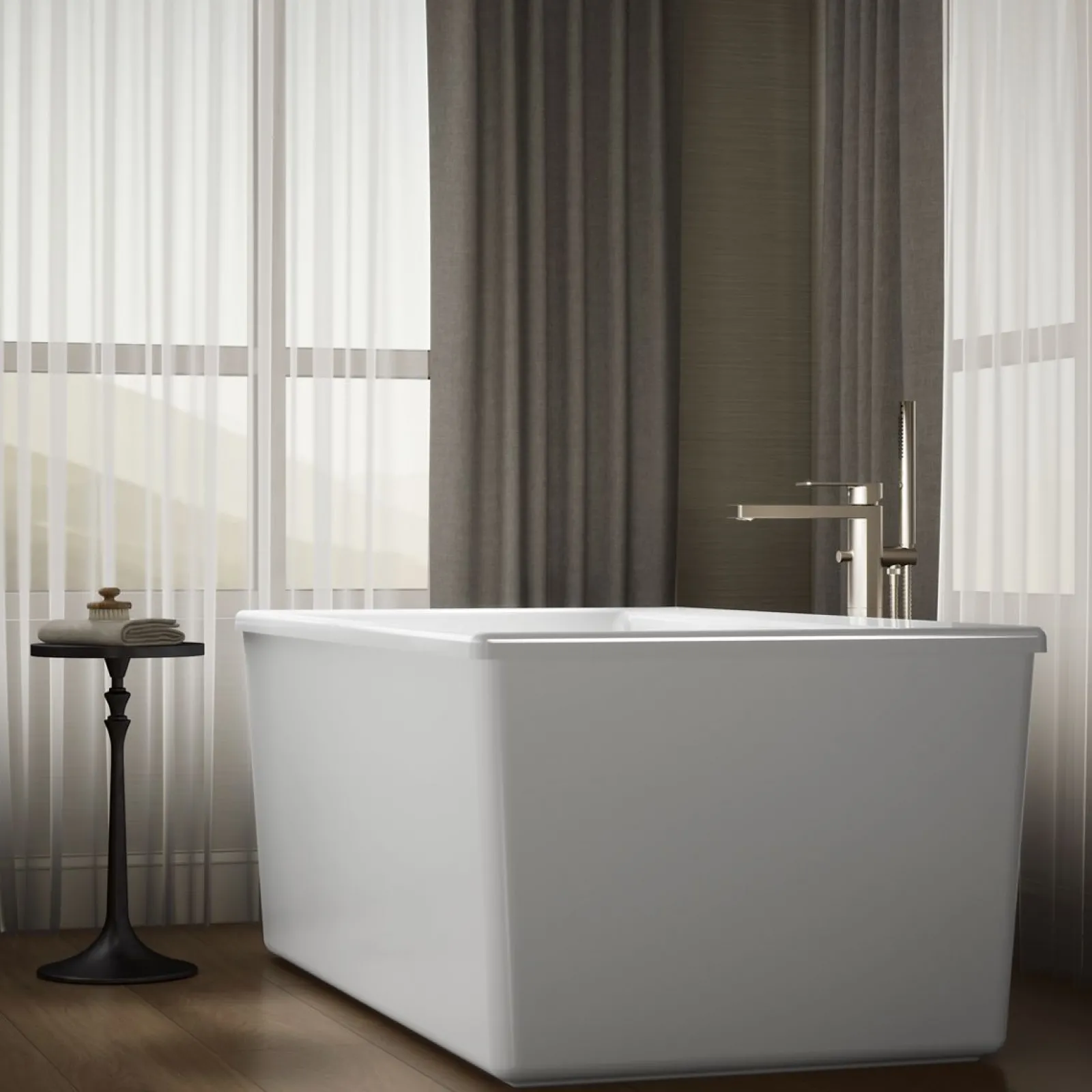 60" x 34" freestanding bath with Bask® heated surface and straight shroud^Kohler