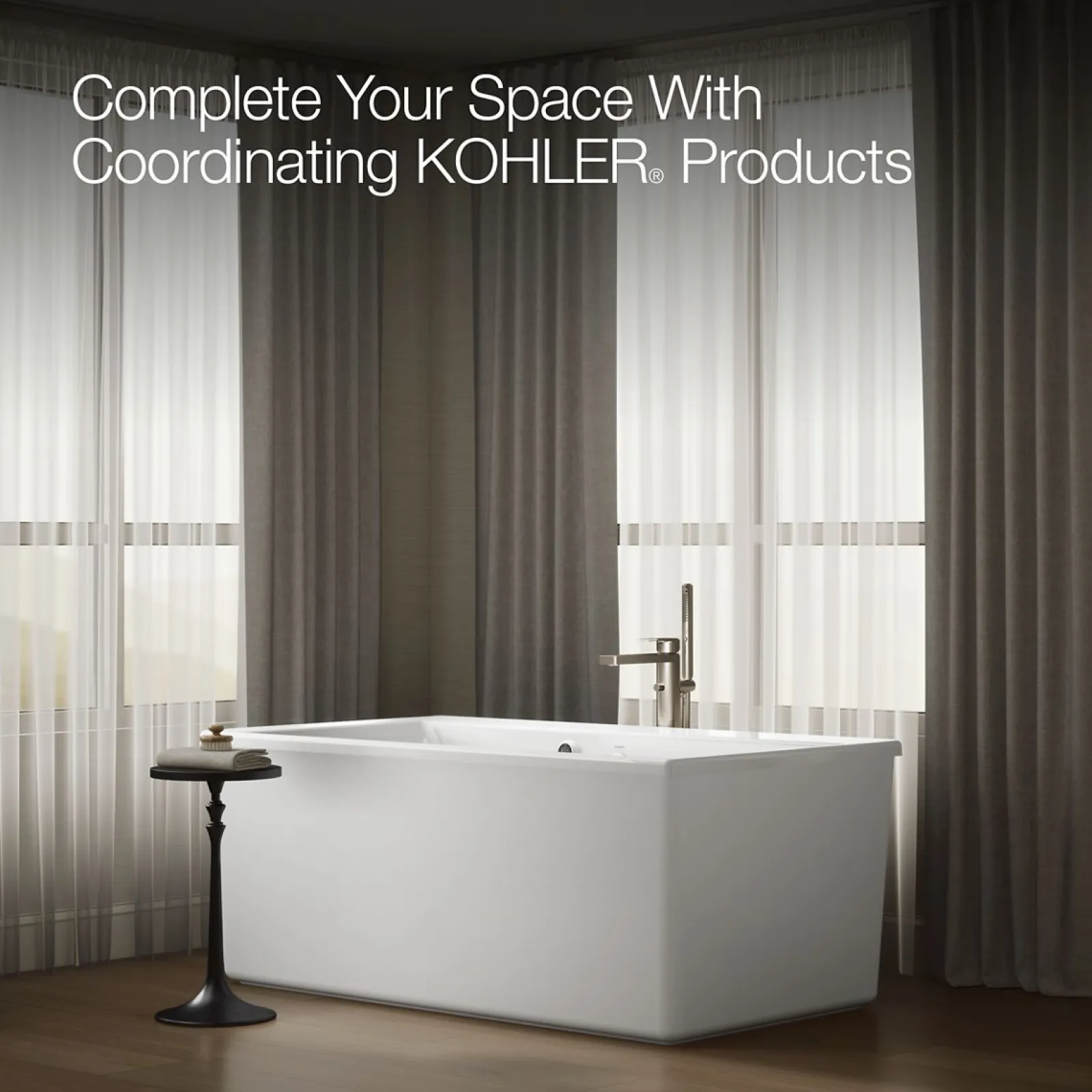 60" x 34" freestanding bath with Bask® heated surface and straight shroud^Kohler
