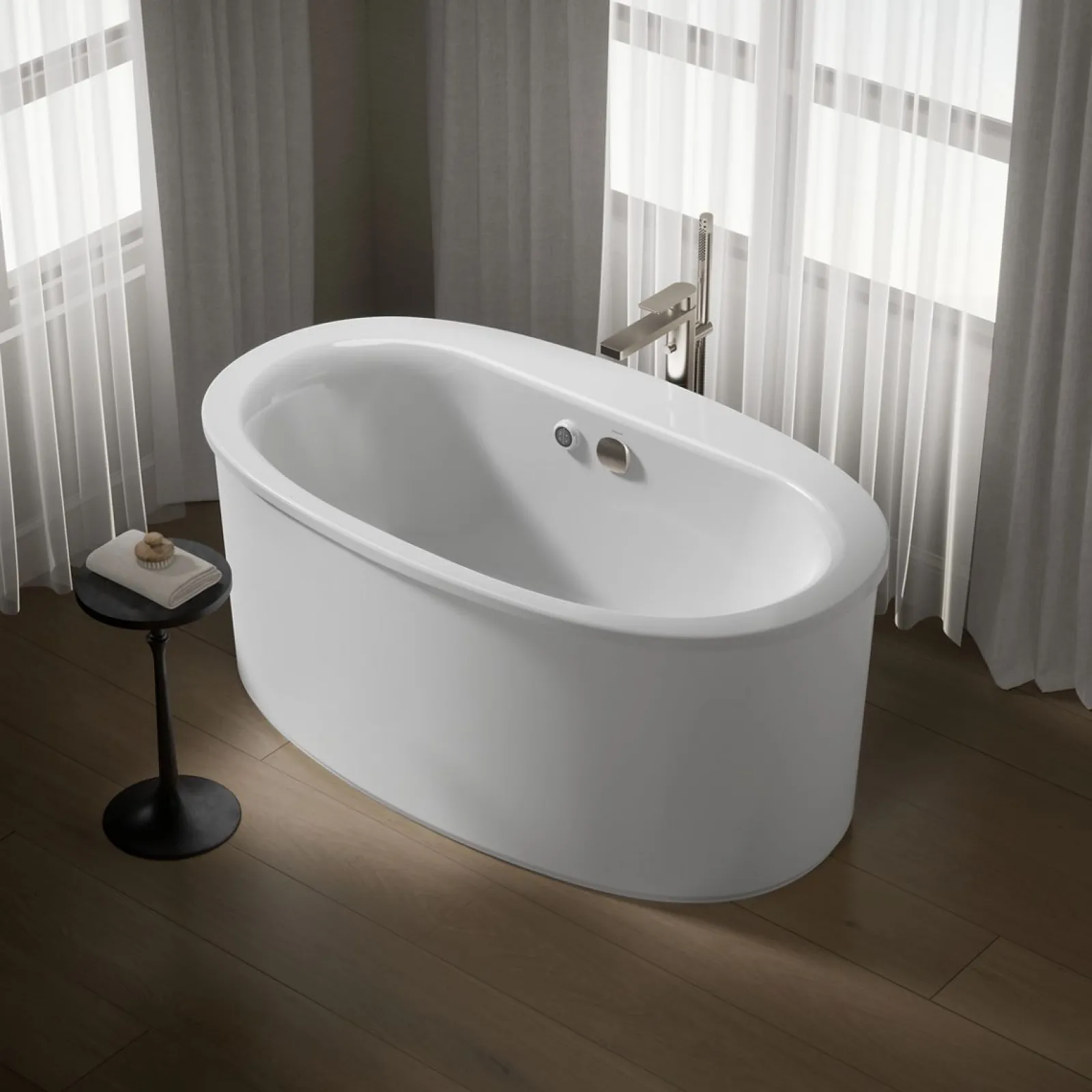 60" x 34" freestanding bath with Bask® heated surface and straight shroud^Kohler Clearance