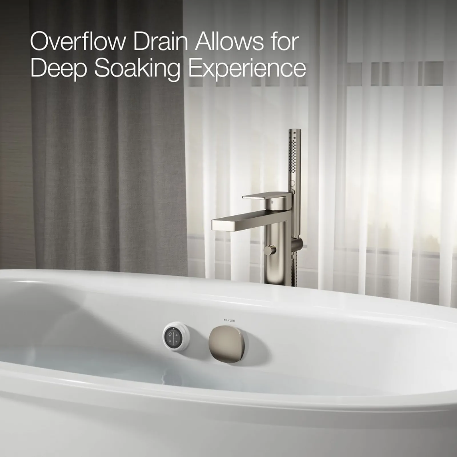 60" x 34" freestanding bath with Bask® heated surface and straight shroud^Kohler Clearance