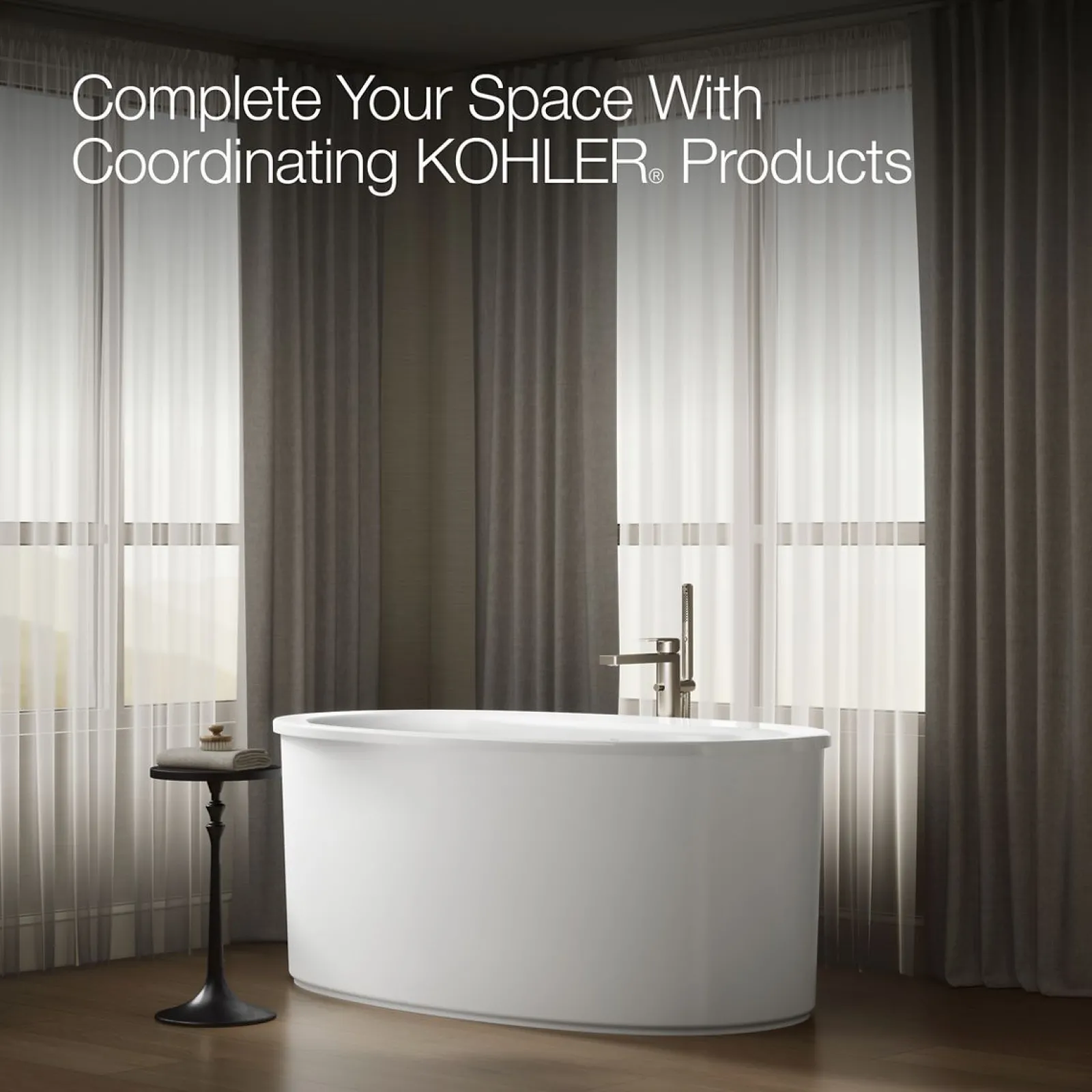 60" x 34" freestanding bath with Bask® heated surface and straight shroud^Kohler Clearance