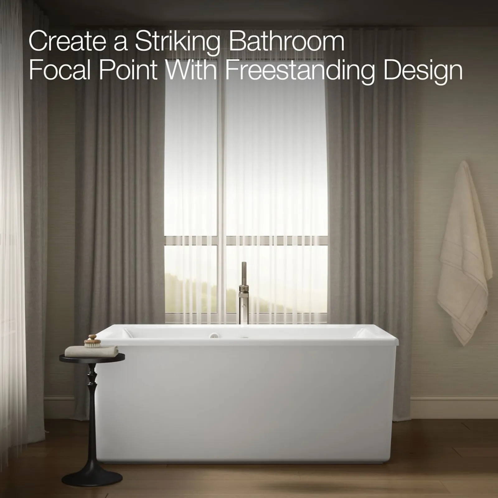 60" x 34" freestanding Heated BubbleMassage™ air bath with Bask® heated surface and straight shroud^Kohler New