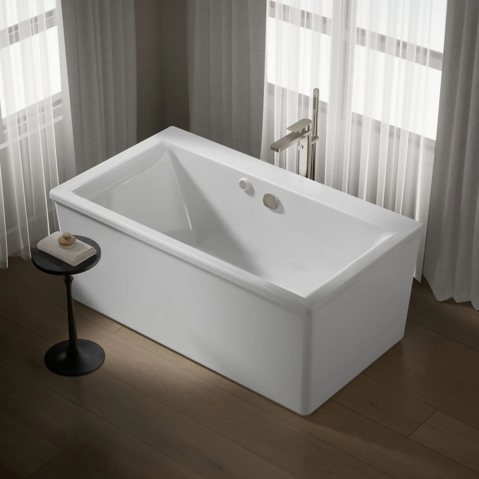 60" x 34" freestanding Heated BubbleMassage™ air bath with straight shroud^Kohler